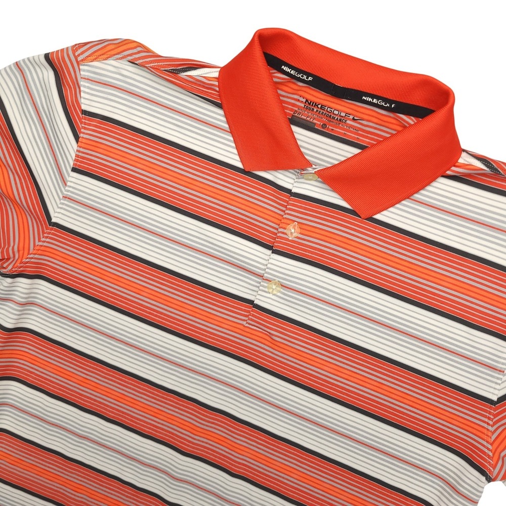 Nike Dri-FIT Polo Shirt Mens Medium Orange Striped Tour Performance Short Sleeve